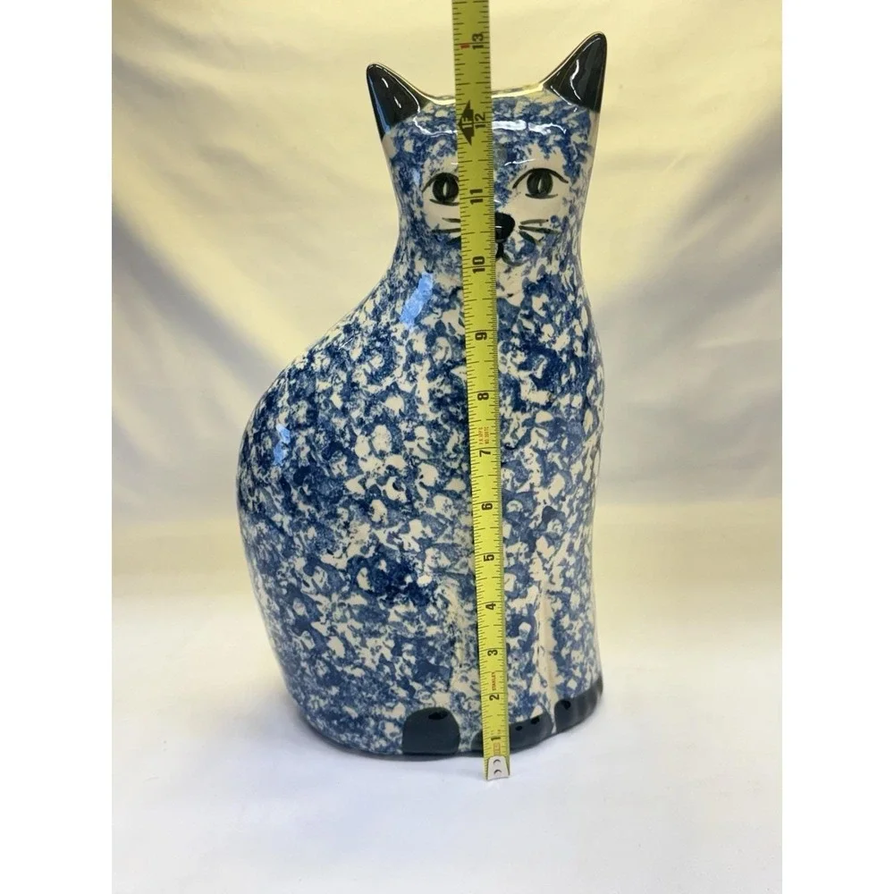 VTG Blue White Ceramic Sitting Cat Figurine Statue 8.5